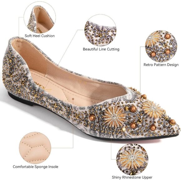 🆕Women's Flats Shoes Silver Fabric Rhinestone Pointed Toe Gold Bowknot Ballet - Picture 4 of 7